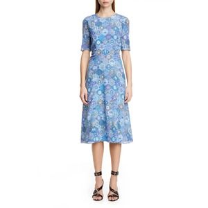 ALTUZARRA $1495 Blue 100% Silk Printed Lined Shirred Waist Dress Size 38